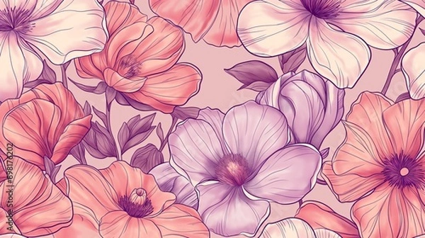 Fototapeta A colorful floral pattern with pink and purple flowers. Abstract background