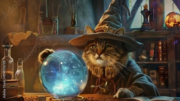 Fototapeta Mysterious Feline Sorcerer Peers into Glowing Crystal Ball in Occult Wizard s Workshop