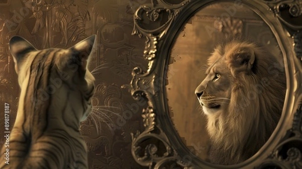 Fototapeta Feline Enchantment A Small Cat s Surreal Reflection Reveals a Majestic Lion in an Ornate Elegant Room