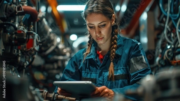 Obraz A digital tablet is used by a diagnostic process service technician to retrieve data in real time and identify any underlying problems influencing the operation of the vehicle engine.