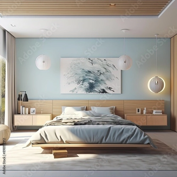 Obraz spacious bedroom boasts a color scheme primarily consisting of shades of sky blue and natural wood. A suspended bed is positioned at center of the room, Generative Ai 