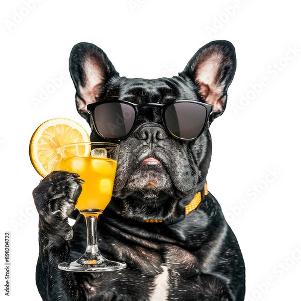 Obraz Portrait of black bulldog with black sunglasses holding a cocktail on a cut out PNG transparent background