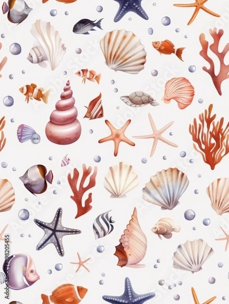 Fototapeta An underwater world featuring sea creatures in a seamless aquatic pattern rendered in watercolor style