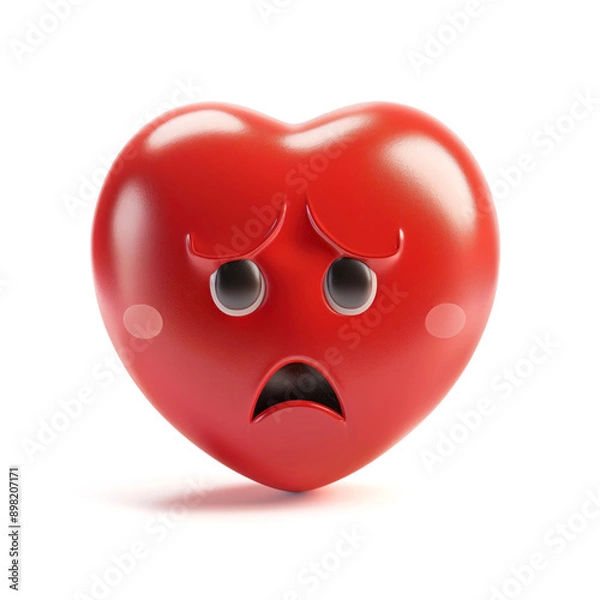 Fototapeta 3D sad red heart character with teary eyes and downturned mouth, concept of heartbreak and sadness, isolated in white background.