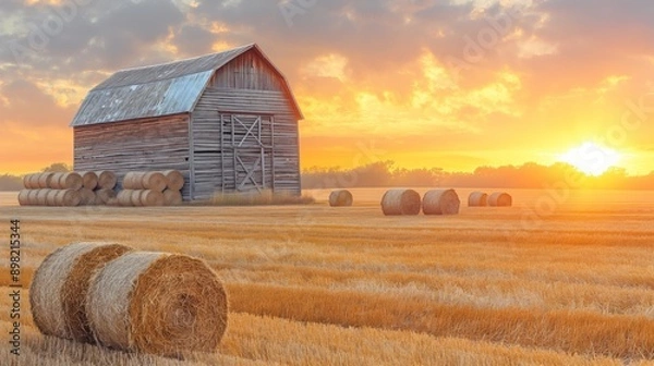 Obraz Rustic Barn at Sunset with Hay Bales