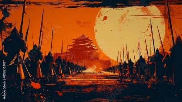 Fototapeta Ancient Chinese Army Marching Towards a Red Moon