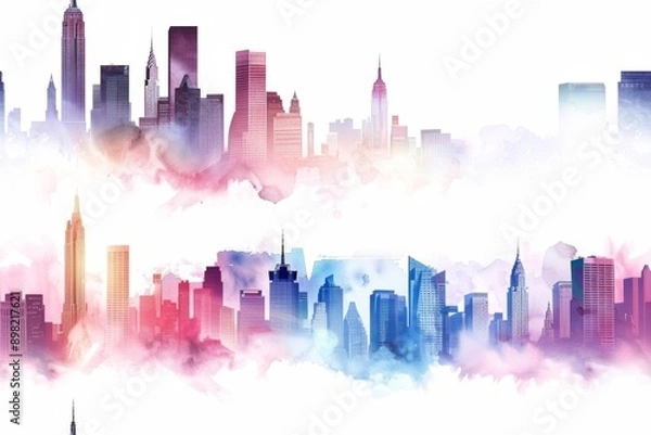 Fototapeta Urban cityscape and skyline silhouettes in a seamless modern pattern, rendered in watercolor style