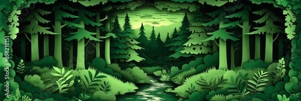 Fototapeta Paper Cut Forest Scene with Stream