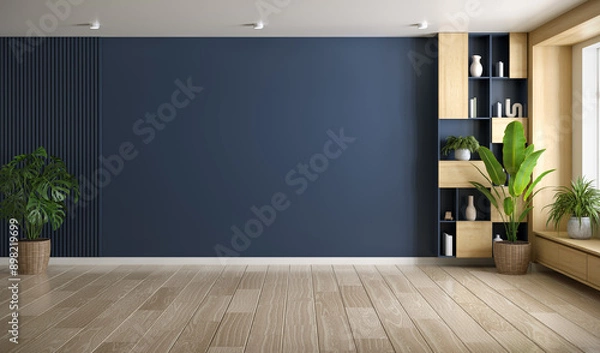 Obraz Dark blue wall mockup Modern interior ,empty room with cozy home  have wood cabinet and wood floor parquet, 3d render