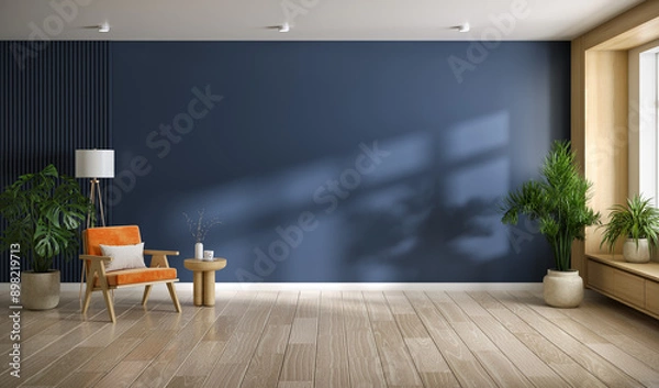 Obraz Minimal design ,DarkBlue mock up wall  , living room ,have a easy armchair with wood cabinet and wood floor parquet, 3d render