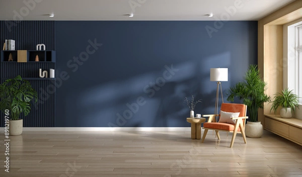 Obraz Minimal design ,DarkBlue mock up wall  , living room ,have a easy armchair with wood cabinet and wood floor parquet, 3d render