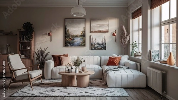 Fototapeta living room with modular white sofa interior design concept, Home styling 3d illustration template image.