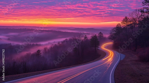 Fototapeta 
A winding road set against a breathtaking backdrop of a sunset or sunrise. The sky is painted in hues of pink, purple, and orange, with the sun near the horizon casting a warm glow