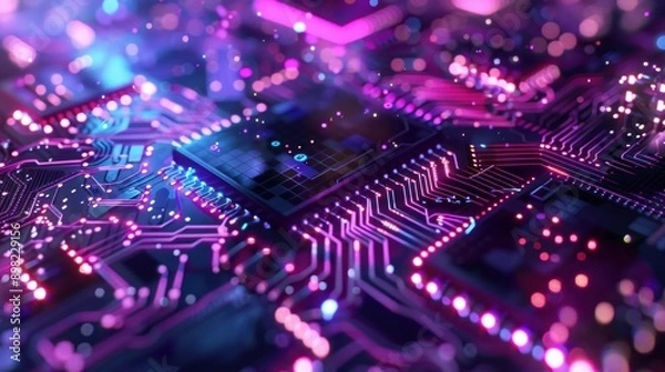 Obraz Digital image created by futuristic semiconductors glowing purple and white. Digital data flow and network structure. The concept of innovation centered on AI and cybersecurity.