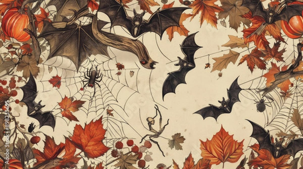 Obraz autumn creatures, such as bats and spiders, amidst a backdrop of autumn leaves and pumpkins, Halloween themed.