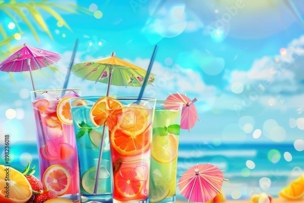 Fototapeta Three colorful cocktails garnished with fruit and decorated with tiny umbrellas sit in front of a beach scene. Generative AI