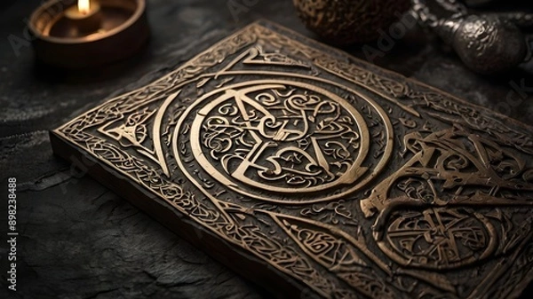 Fototapeta Graphic design with motifs of Norse mythology and Viking symbols

