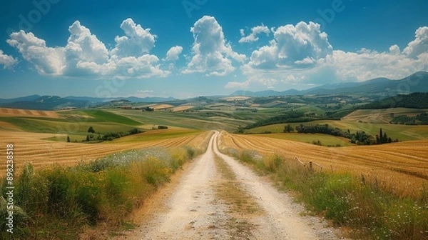 Fototapeta  A dirt path weaves through a expansive wheat field Rolling hills distance themselves, cloud-studded sky overhead