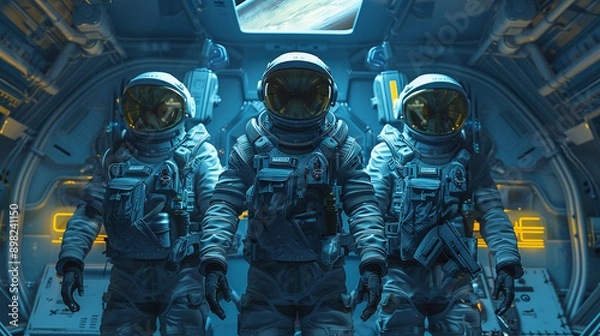 Fototapeta Futuristic space squad in protective armored suits. Interior of the spaceship at backdrop