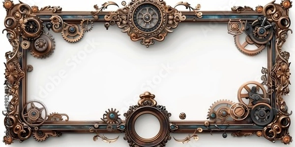 Fototapeta rectangular frame in Baroque steampunk style, fantasy of gears, details of mechanisms on a white background, mockup