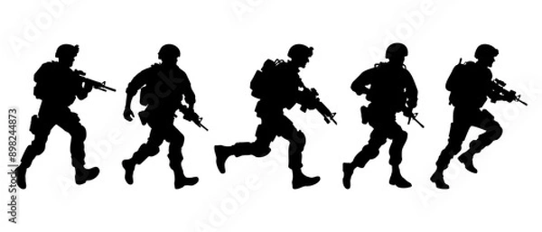 Fototapeta Soldier in action. Silhouette collection of running male soldier carrying machine gun weapon black filled vector Illustration icon.