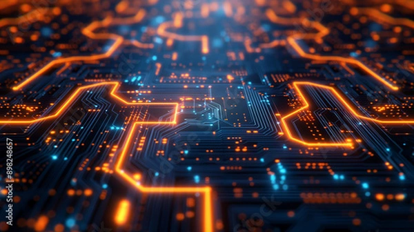 Fototapeta A detailed and intricate circuit board layout. It is adorned with bright orange and blue neon-like lines that form complex patterns and interconnect