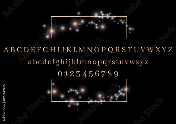 Fototapeta Luxury vector Golden Alphabet and Numbers with Decorative Glitter dust on Black Background