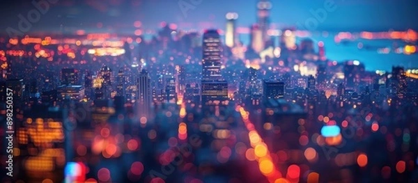 Fototapeta Aerial View of a Vibrant Cityscape at Night with Colorful Bokeh Lights and Skyscrapers