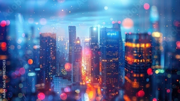 Fototapeta Vibrant Night Cityscape with Colorful Bokeh Lights and Modern Skyscrapers in the Background