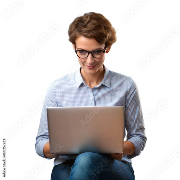 Fototapeta Person using a laptop while sitting cross-legged, possibly in a relaxed setting