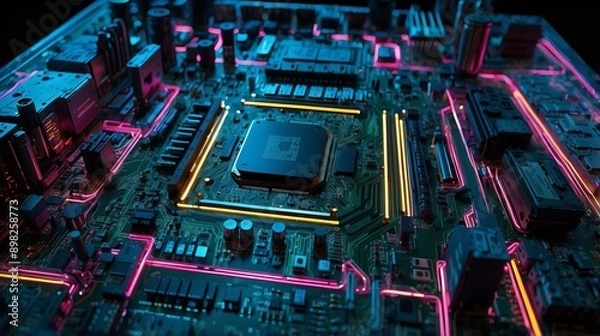 Fototapeta Motherboard with Illuminated CPU - High-Tech Electronics in Close-Up View