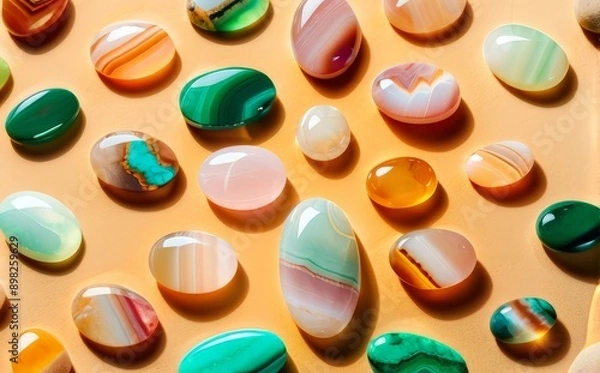 Fototapeta round multicolored gems on yellow sand top view, abstract background