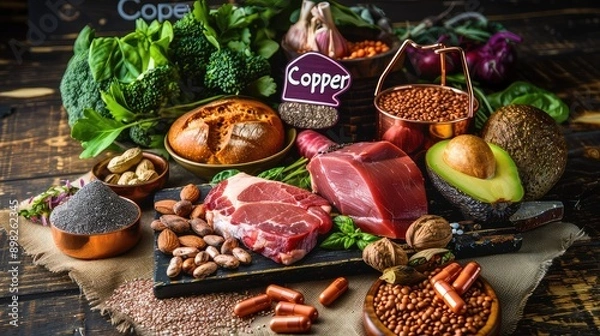 Obraz Products contain copper on the table. Selective focus.