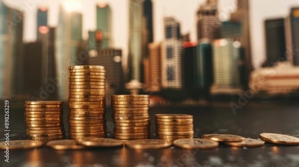 Fototapeta Coins stacked in front of grand financial institutions, symbolizing robust financing systems
