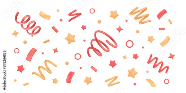 Fototapeta Background with 3d confetti. Fireworks of serpentine, tinsel, stars and dots. Holiday horizontal wallpaper. Event decoration. Cartoon firecracker elements. Vector isolated illustration.