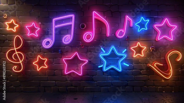 Obraz Neon signs of musical notes and stars on a brick wall.