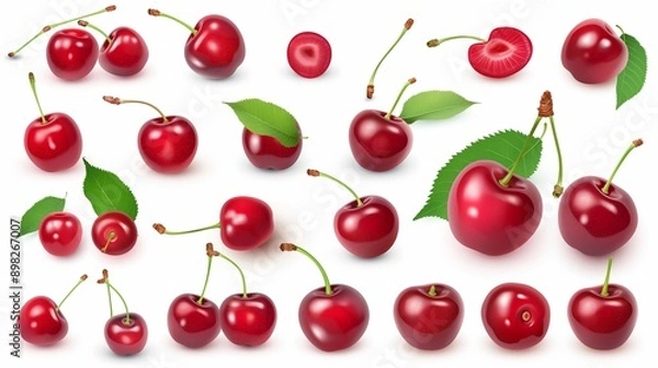 Fototapeta A collection of red cherries with green leaves. The cherries are in various stages of ripeness, with some still unripe and others already ripe. Concept of abundance and freshness