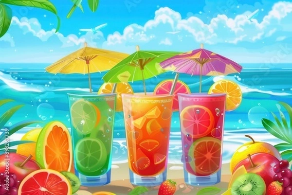 Fototapeta Three colorful cocktails garnished with fresh fruit and topped with small umbrellas sit on a beach in front of a sparkling ocean. Generative AI