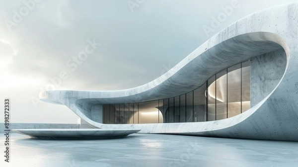Fototapeta Futuristic Modern Architecture with Curved Concrete Design and Large Glass Windows