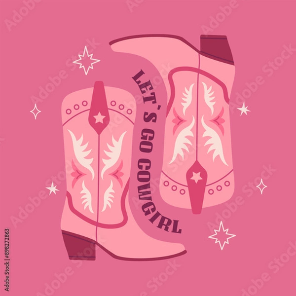 Fototapeta Pink cowgirl boots with ornament. Trendy phrase print, party poster Cowboy western and wild west theme. Hand drawn vector illustration