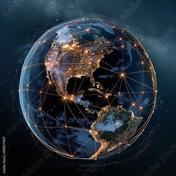 Obraz Full planet earth a view from space at night world communication lines. America