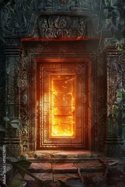 Fototapeta Ancient Temple Portal. A frame of weathered stone with ancient carvings and runes. The center is a mystical, glowing doorway.