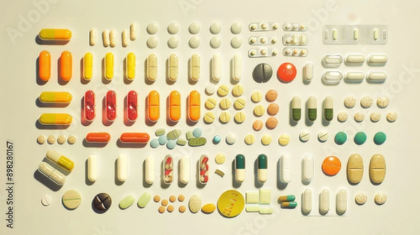 Fototapeta An array of multi-colored pills organized neatly on a flat surface, showcasing a variety of shapes and sizes in a visually compelling arrangement.