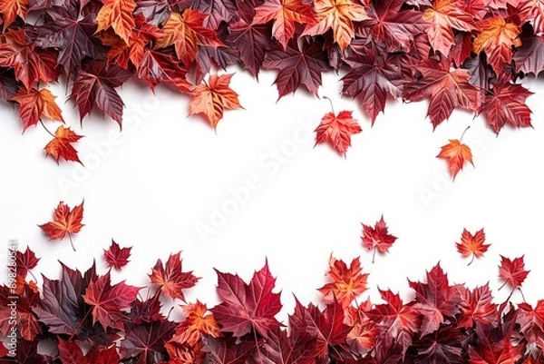 Fototapeta Vibrant autumn leaves border on white background, copy space for text, top view, flat lay