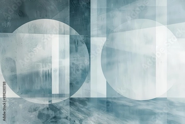 Fototapeta ethereal geometric composition translucent light blue shapes floating in misty gradient soft whites blending into serene grays creating sense of depth and tranquility