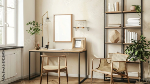Fototapeta Cozy and organized home office with wooden furniture, plants, and a large window, evoking warmth and productivity.