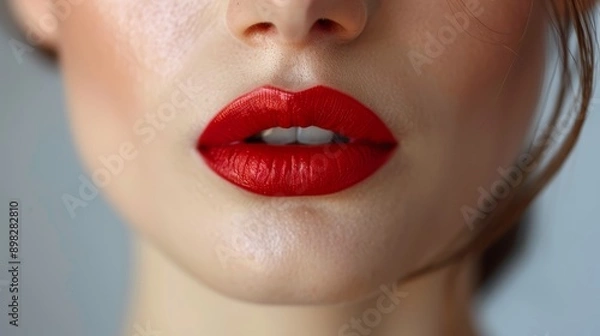 Fototapeta  A woman's face, closely framed Red lipstick marks her full lips against a light blue backdrop