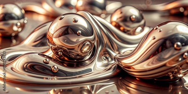 Fototapeta A set of 3D chrome abstract liquid shapes, featuring smooth, reflective surfaces and fluid forms that create a sense of movement and modernity