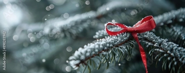 Fototapeta Red ribbon tied around a pine branch in the snow.