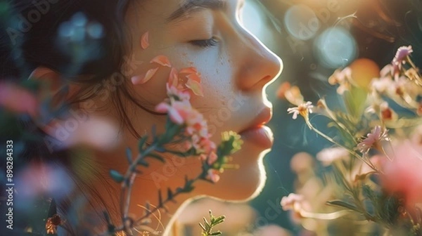 Fototapeta A person inhaling the fresh scent of flowers in a blooming garden, peaceful and serene